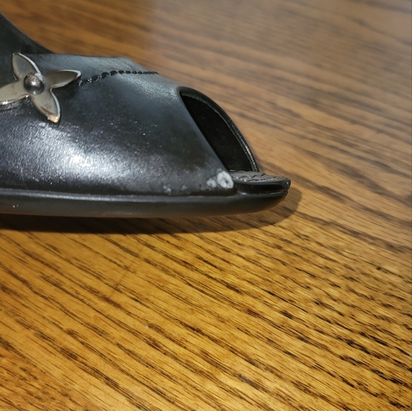 Louis Vuitton Black Genuine Leather Logo Peep Toe Sandal Shoes Pumps Heels - Picture 10 of 16